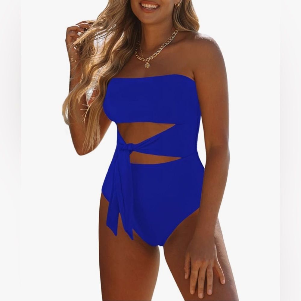 Viottiset Women's Bandeau One Piece Swimsuit Strapless High Cut Out Blue Small